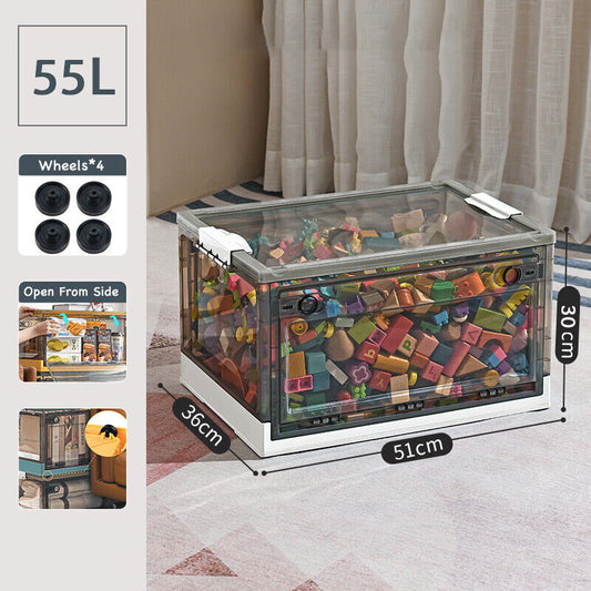 5x Foldable Clear Container Box With Lid 3 Way Access Toy Book Linen Storage 55L